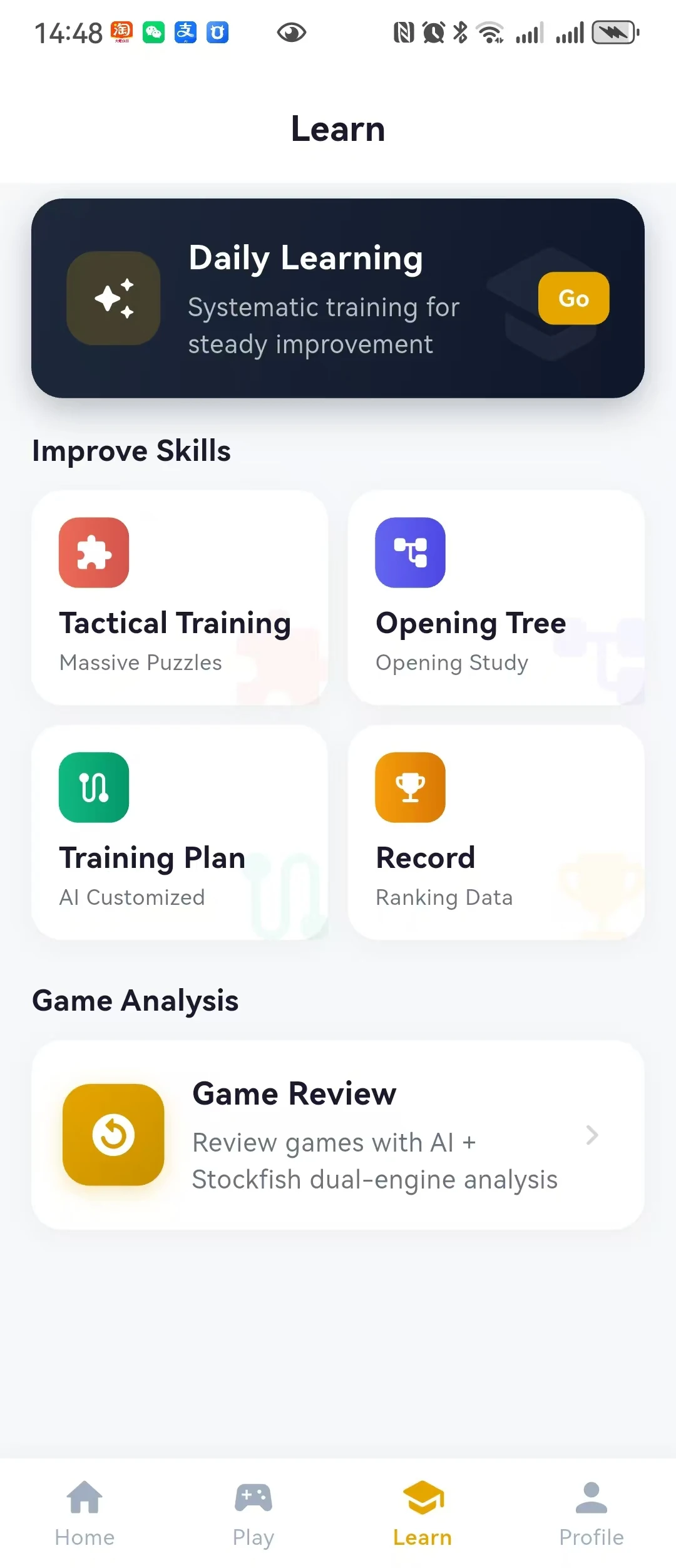InfiChess Learn preview with tactical training, opening study and game review; some shortcuts differ from the current version.