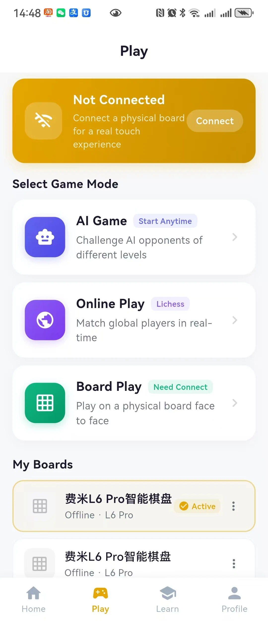 InfiChess Play preview with AI Game, Online Play and linked boards; the displayed Board Play entry is in development.