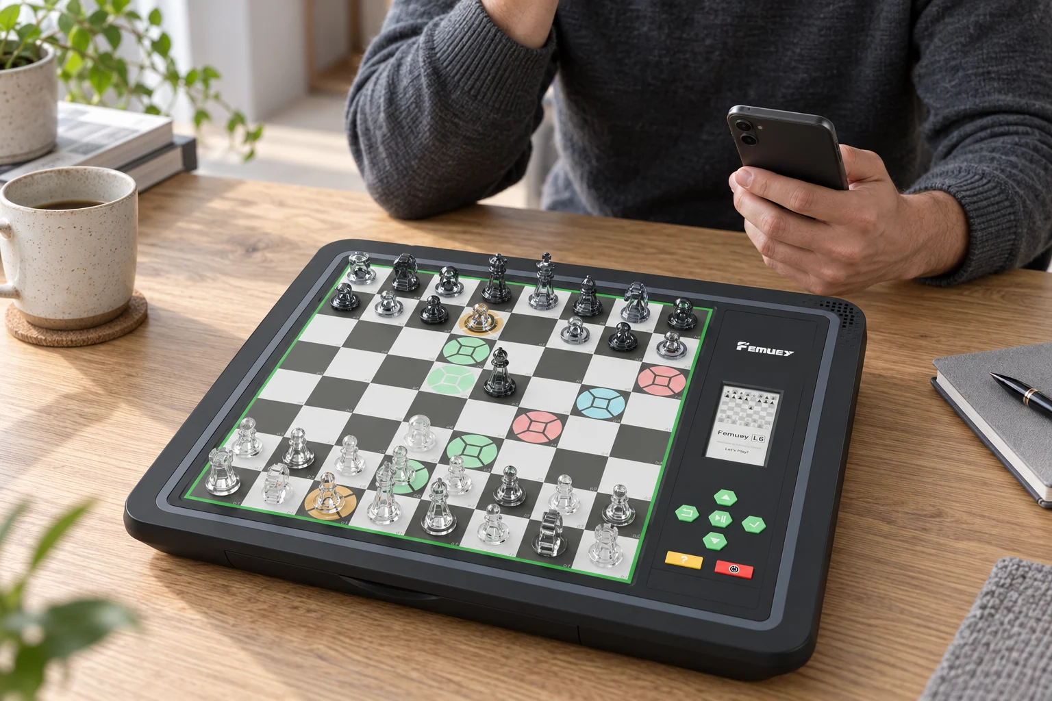 AI feature scene of a player holding a phone beside the FEMUEY L6 Pro on a desk, illustrating connected review without showing app UI.