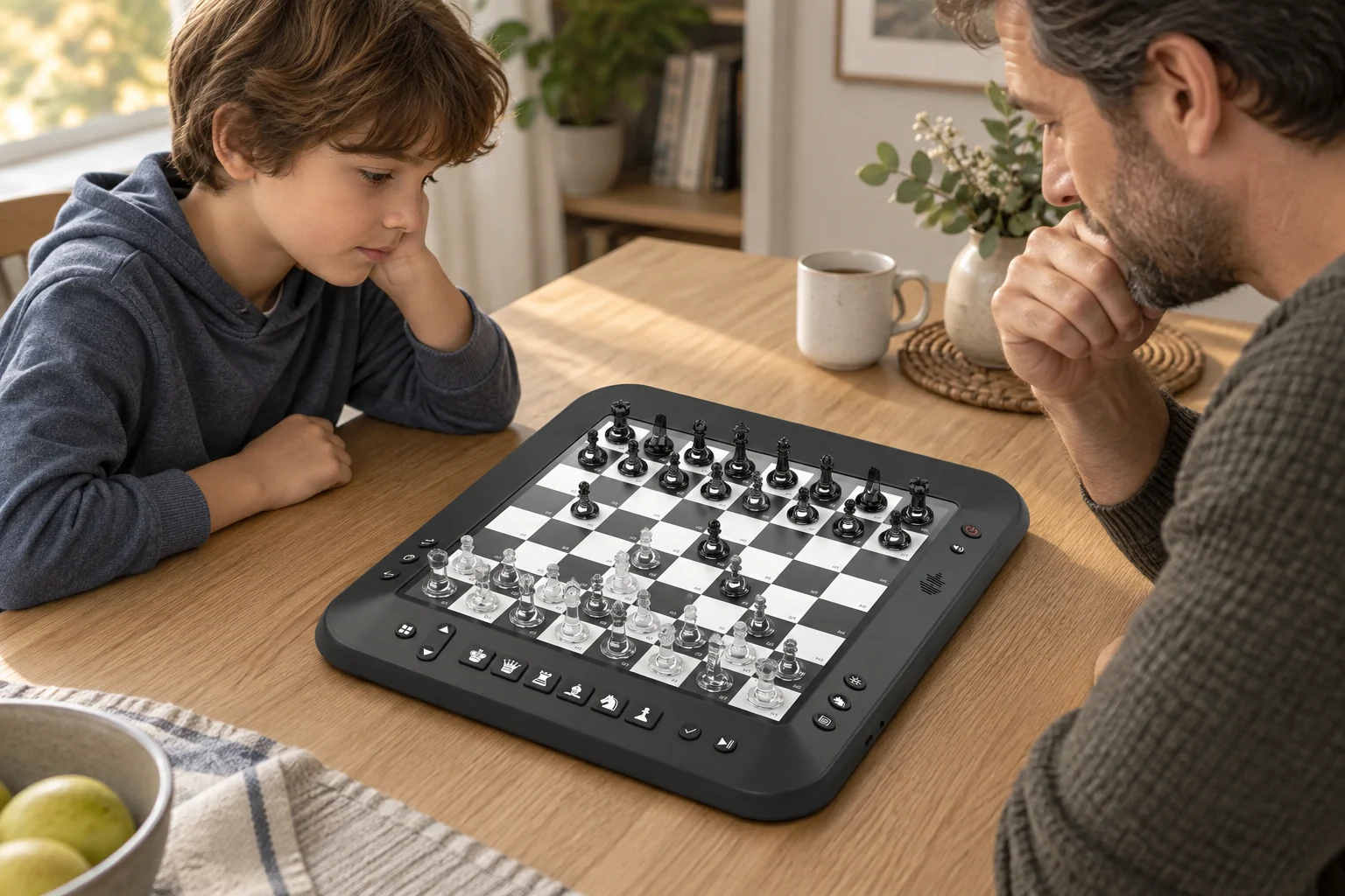 AI feature scene of a parent and child playing face to face with the FEMUEY P6 on a family table.