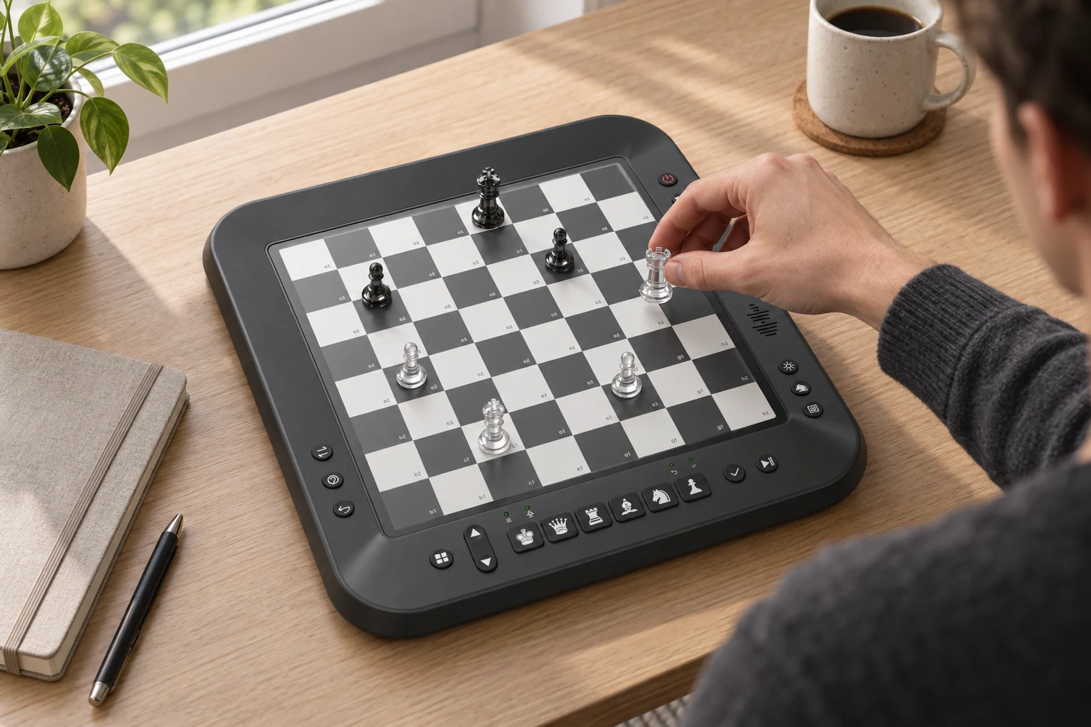 AI feature scene of the FEMUEY P6 on a study desk with a small set of pieces arranged for endgame practice.