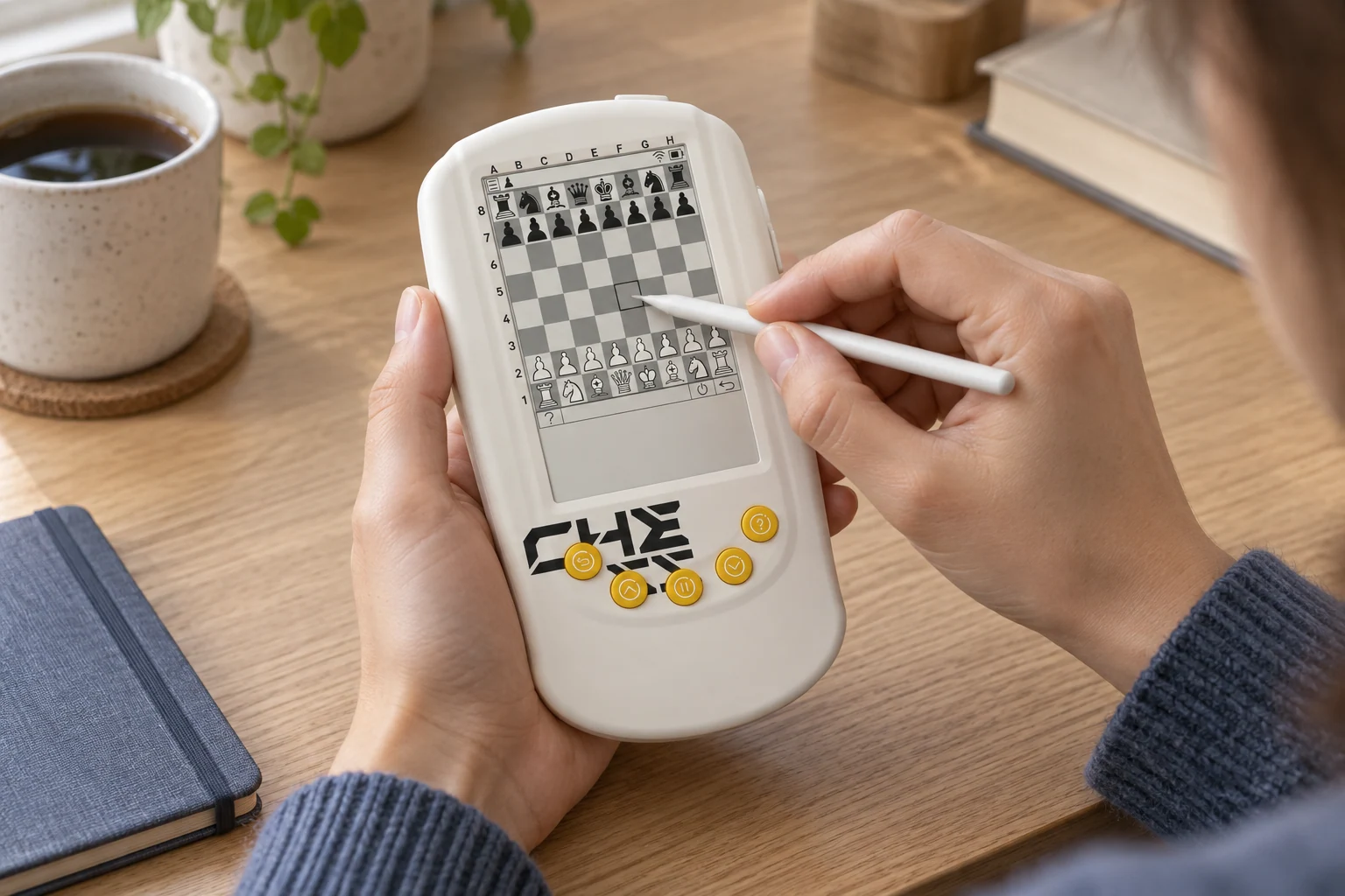 AI feature scene showing the FEMUEY Y2 held in one hand while a stylus is used on its touchscreen; screen content is illustrative.